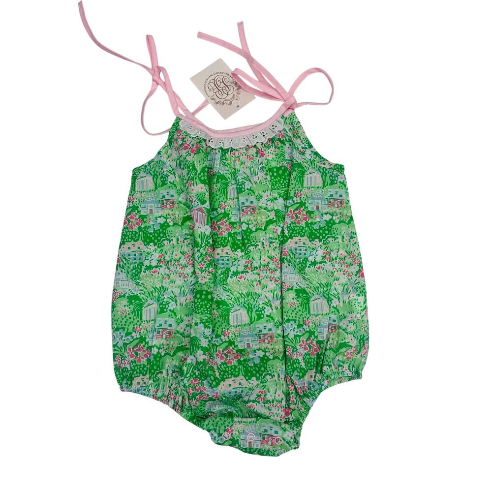 The Beaufort Bonnet Company Green Floral Bubble Romper with Pink Ties